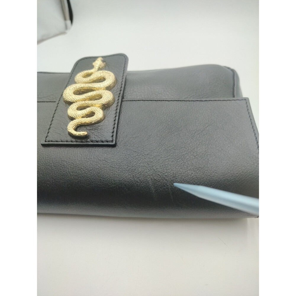 House of Harlow 60s Black Handbag Genuine Leather Purse Italy Gold Snake Accent - Picture 10 of 16